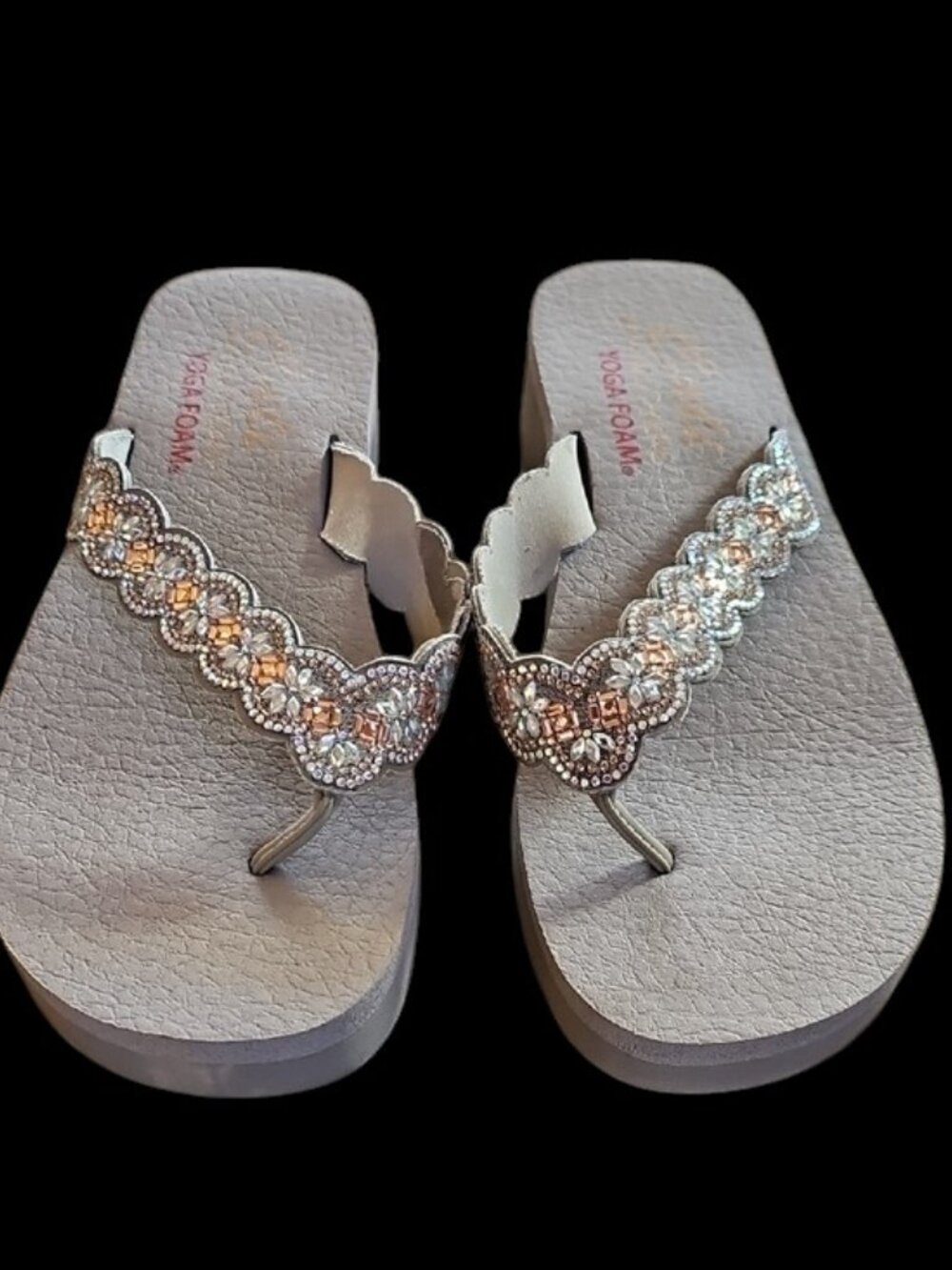 Skechers Cali Yoga Foam Beaded Wedge Flip Flops Rhinestone Platform Sandals - Picture 2 of 16